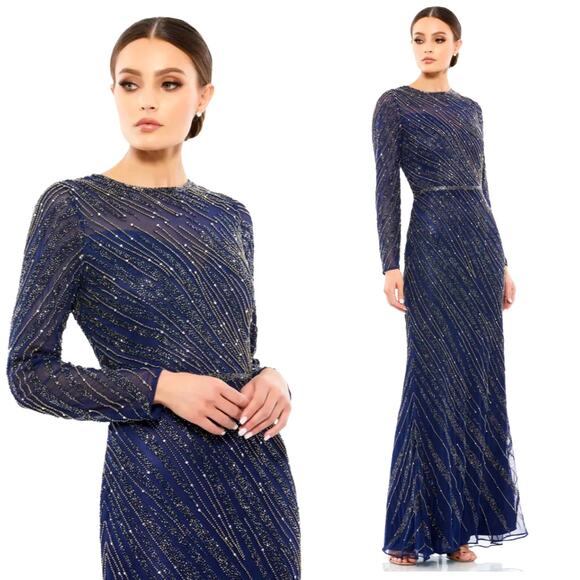 Mac Duggal Long Sleeve Beaded Column Gown Midnight Blue 5240 Size 14 NEW - Picture 1 of 12